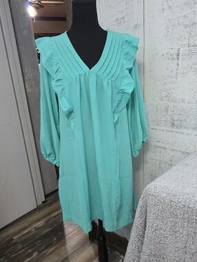 Umgee Aqua V-Neck Ruffle Dress